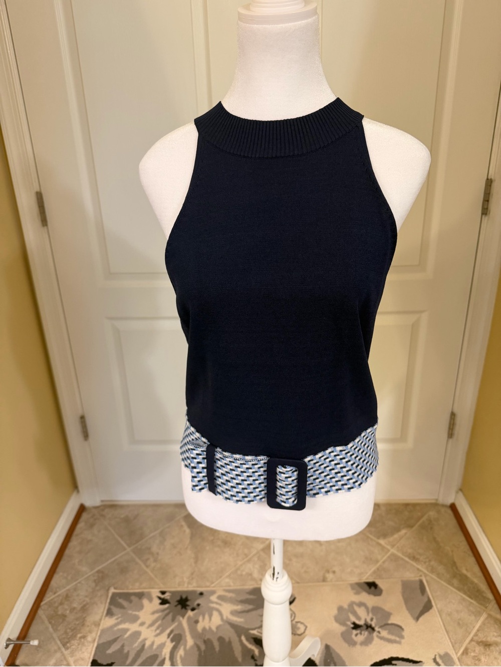 Eva mendes for New York & Company Navy Knit Halter Top with Patterned Belt